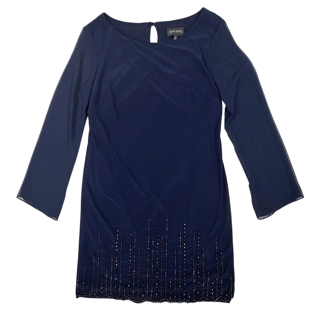 XSCAPE Womens Navy Blue Beaded Scallop Hem Sheer Sleeve Cocktail Dress NWT 8